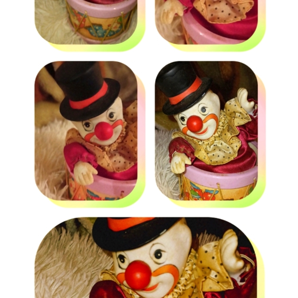 Vintage Porcelain Moving Clown in Drum music box